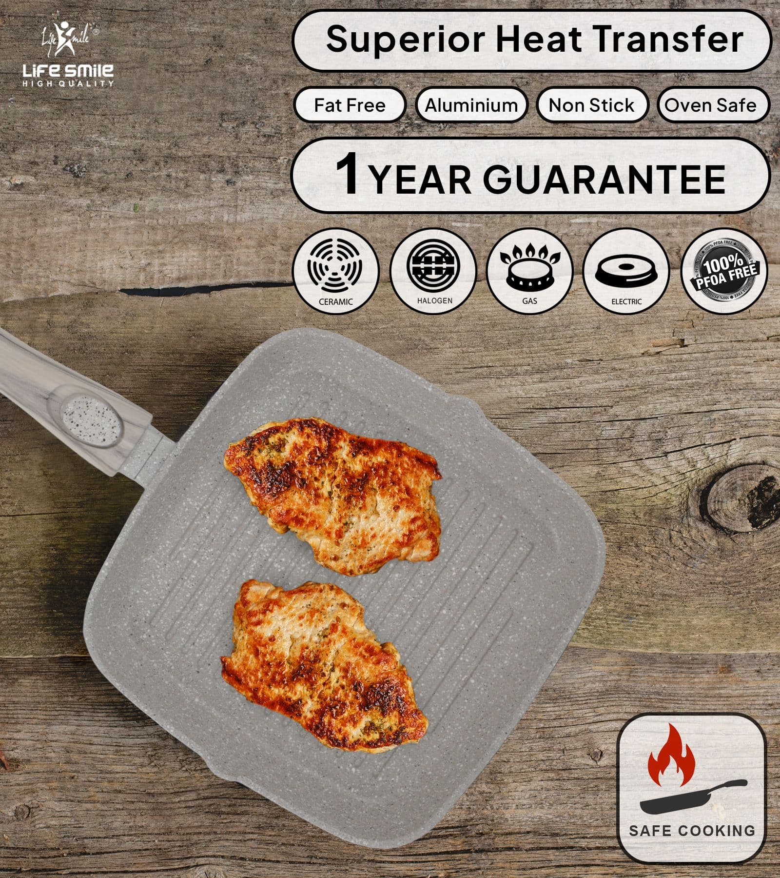 Non Stick Grill Pan with Glass Lid and Detachable Handle